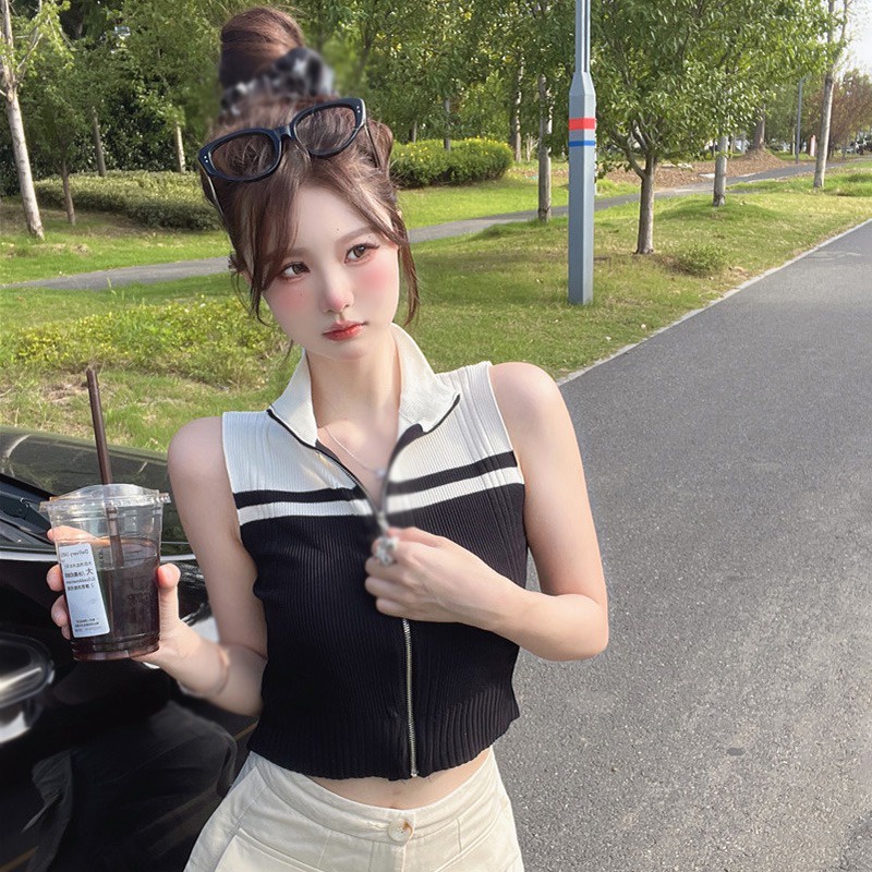 Áo Dệt Kim Sát Nách Cổ Lọ Dáng Ôm Phối Khóa Kéo Màu Tương Phản Thời Trang Hàn Quốc Cho Nữ