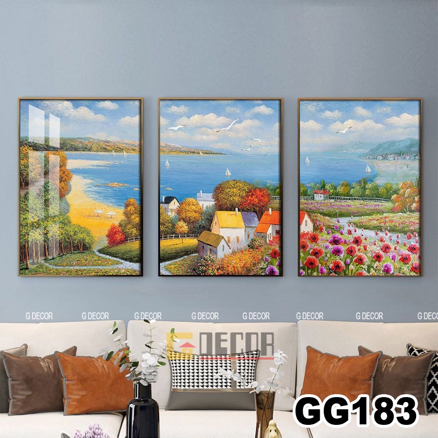 Tranh treo tường canvas khung gỗ 3 bức phong cách hiện đại Bắc Âu tranh phong cảnh trang trí phòng khách phòng ngủ 90