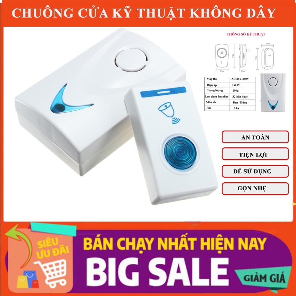 (GIÁ SỐC) Chuông Cửa Không Dây Tiện Lợi, Chuông Bấm Cửa Tặng kèm Pin, 32 Kiểu Nhạc, Bảo Hành Dài Hạn, MUA NGAY!