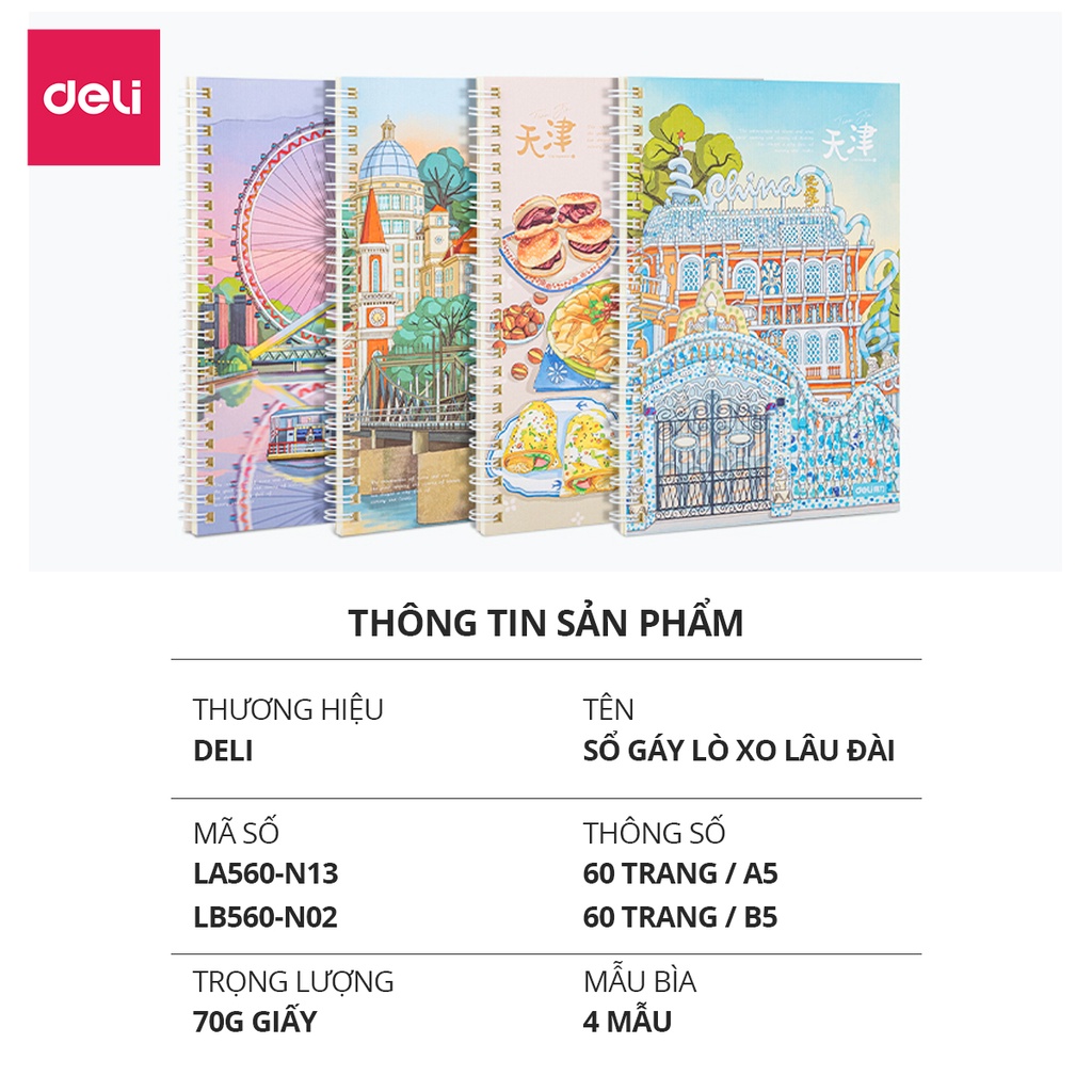 Sổ tay ghi chép gáy lò xo A5 B5 60 trang hình lâu đài vòng quay mặt trời Deli - Kẻ ngang - Màu ngẫu nhiên - LA560/LB560