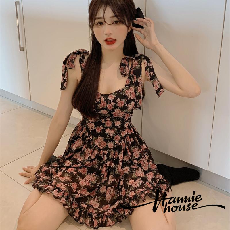Đầm mini hai dây không tay in họa tiết hoa phối diềm xếp nếp dành cho nữ