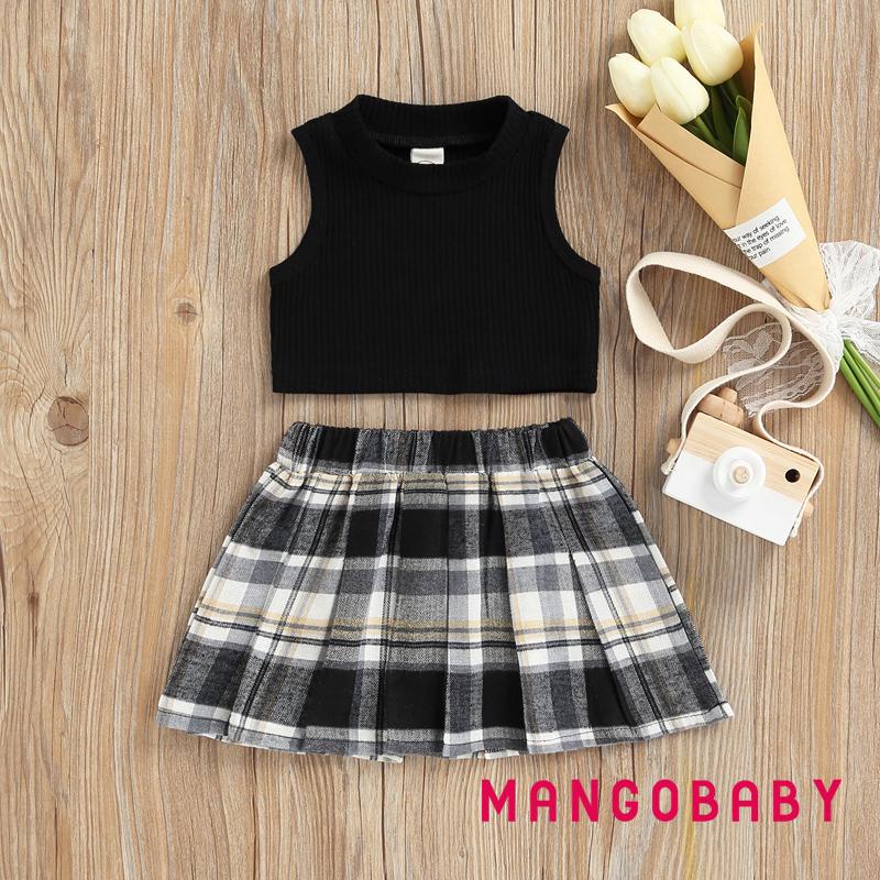 Bộ áo sát nách sọc gân màu trơn và chân váy xếp ly lưng thun sọc caro màu sắc tương phản thời trang cho bé gái