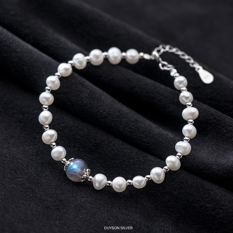 Vòng tay đá mặt trăng ngọc trai nhân tạo mix bi bạc Ý 925 DUYSON SILVER [LTXK11]