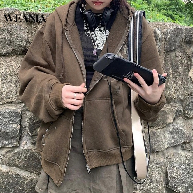 Áo Khoác Hoodie Dáng Rộng In Họa Tiết Vintage Phối Túi Cá Tính Cho Nữ