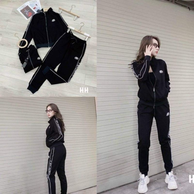 Sét bộ nỉ umi đen viền trắng nổi áo khóa kéo