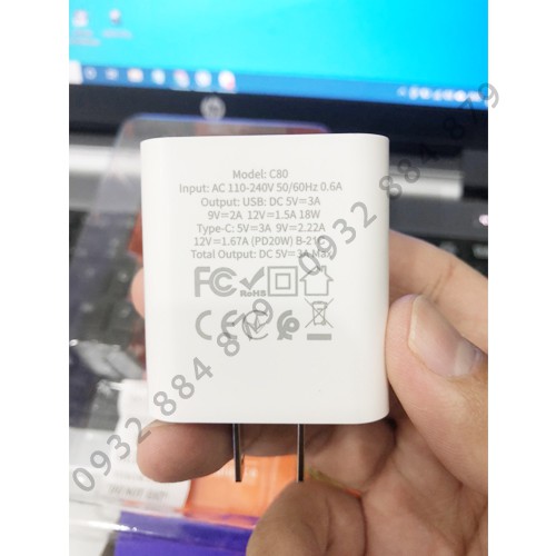 Cốc Sạc Nhanh IPhone/Android PD20W + QC3.0 Hoco C80 Chính Hãng Tích Hợp 2 Cổng Ra USB Và Type C Vật Liệu Chống Cháy