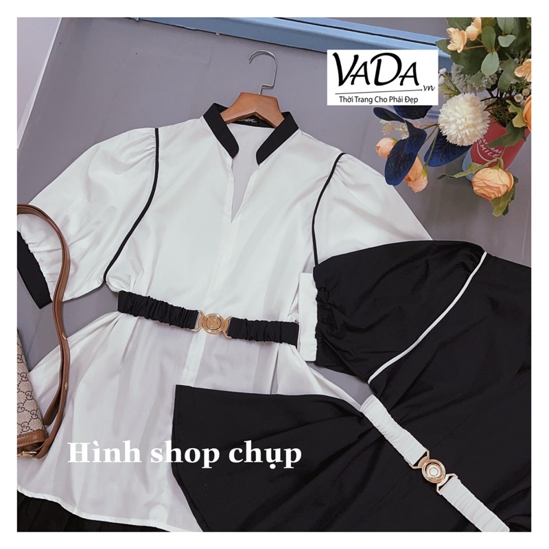 Áo sơ mi kiểu phối kèm dây eo 2 màu Trắng Đen đi làm ,dạo phố xinh xắn -Thời Trang VADA (phối ) | BigBuy360 - bigbuy360.vn