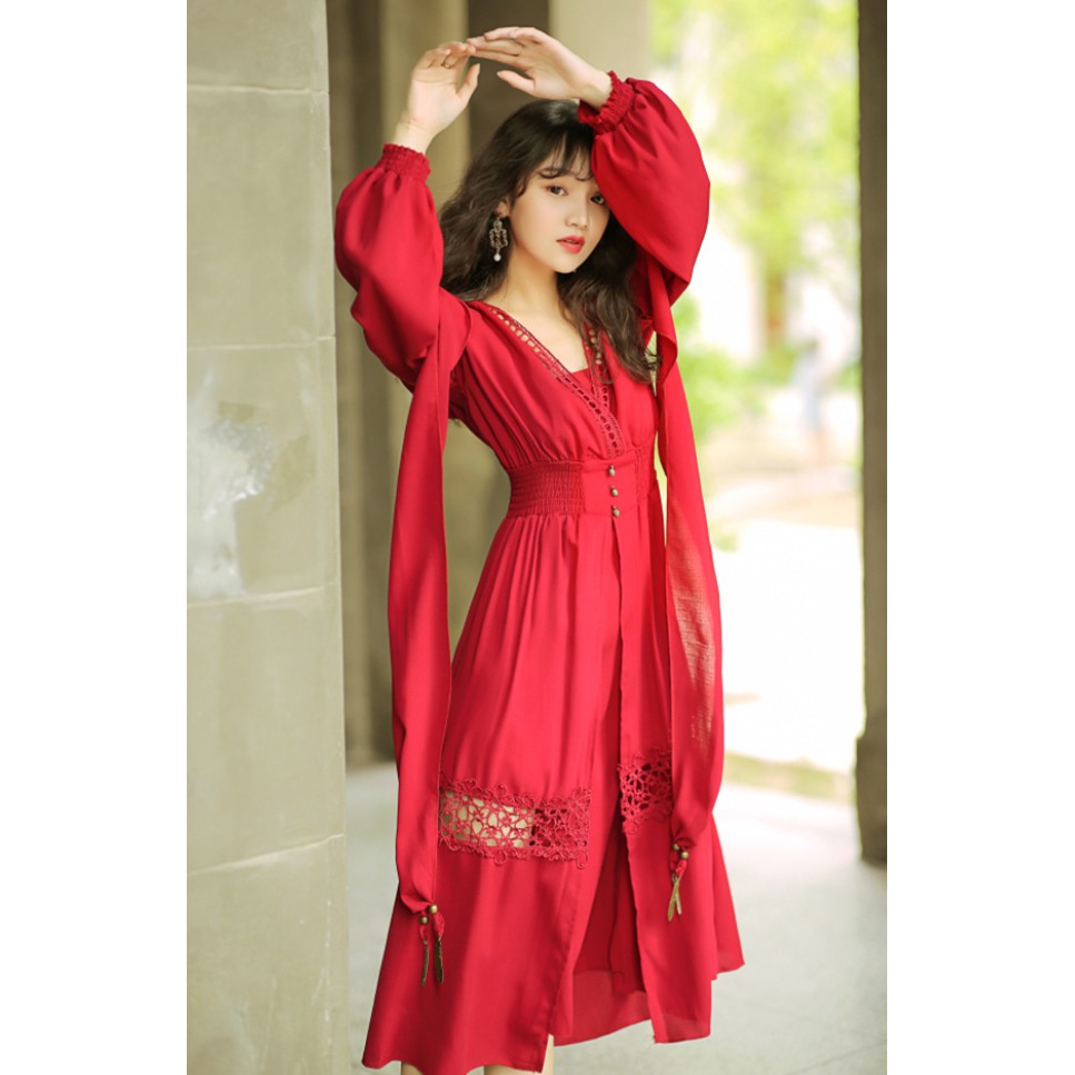 Đầm Đỏ Boho Kèm Khăn Choàng - MUOJ - Hàng loại 1 Phong Cách bohemain