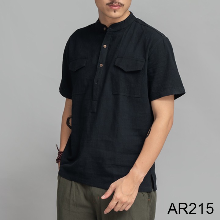 Áo đũi nam cộc tay cổ tàu 2 túi ngực thời trang, áo sơ mi nam vải đũi cộc tay chất | BigBuy360 - bigbuy360.vn