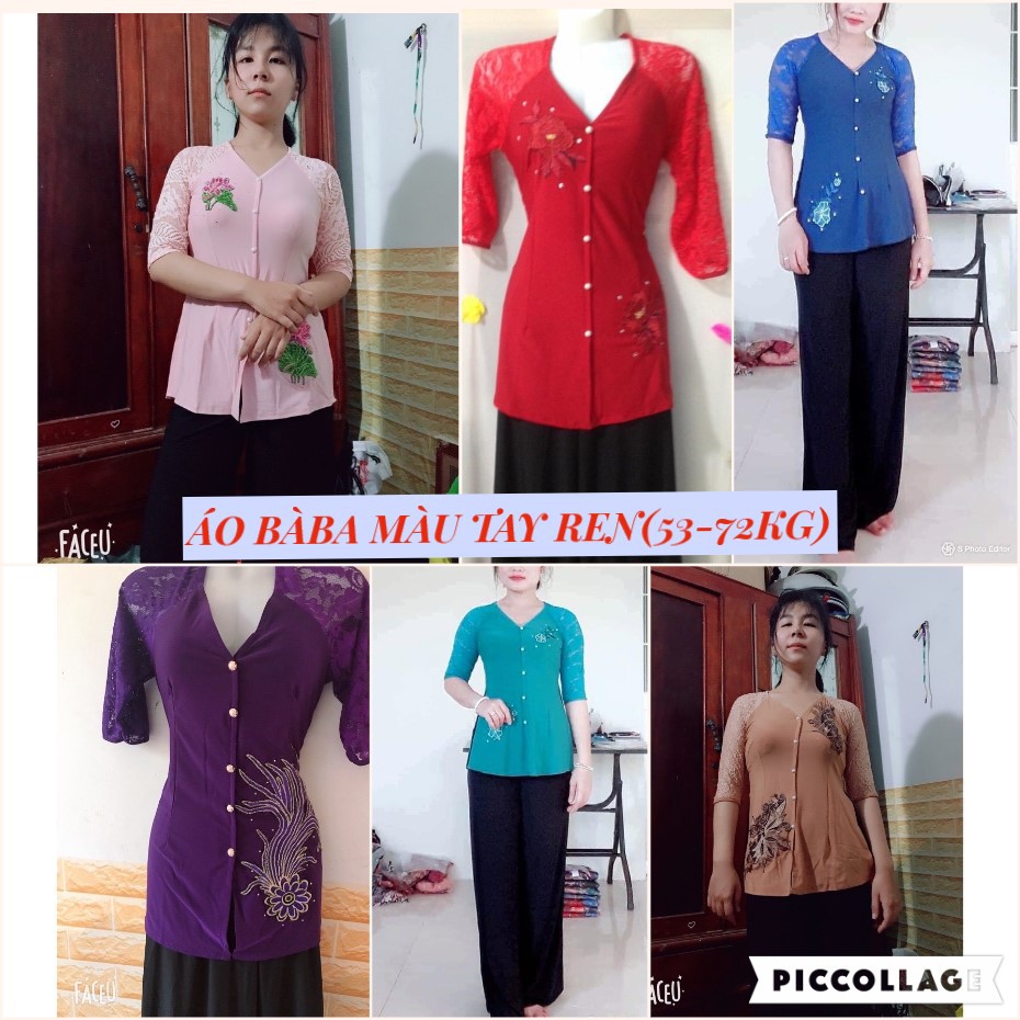 ÁO BÀ BA MÀU THÊU HOA  tay ren (thun ladog)40-70KG mặc vừa