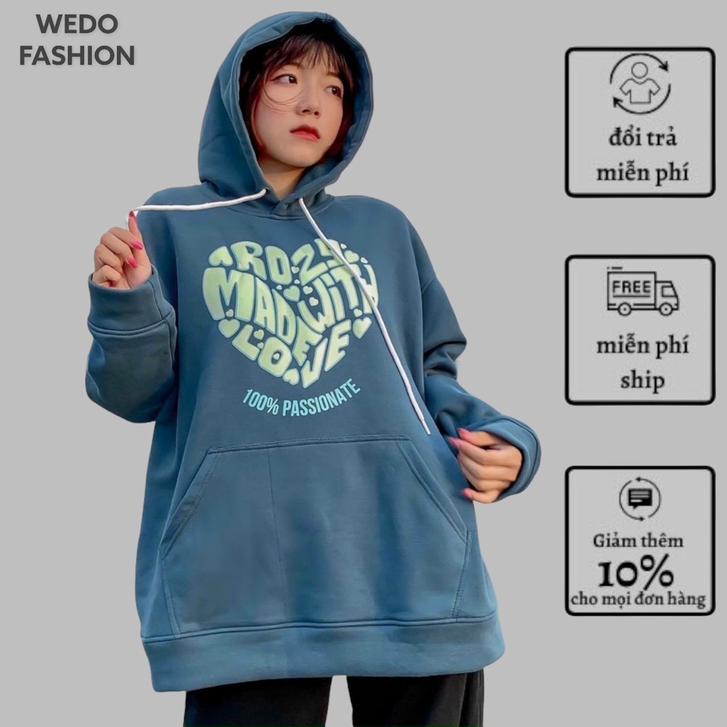 Áo hoodie MADEWHIT LOVE nữ, chất vải nỉ ngoại dày dặn phối túi form rộng sành điệu WEDO