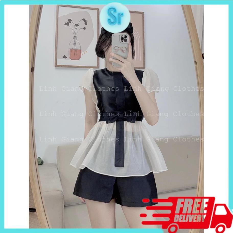 Thời trang Bộ Áo Voan Nữ Phối Nơ Ngực Kèm Quần Short Lụa Ống Rộng