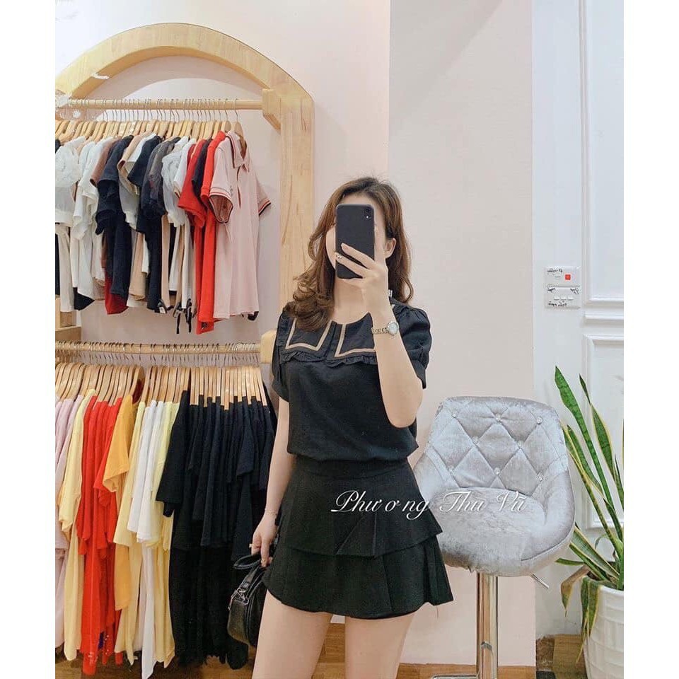 Áo kiểu babydoll viền bèo tay cộc(video+ảnh thật ) | BigBuy360 - bigbuy360.vn