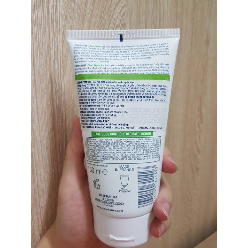 Sữa rửa mặt giảm nhờn và ngăn ngừa mụn Teen Derm Gel tuyp 150ml