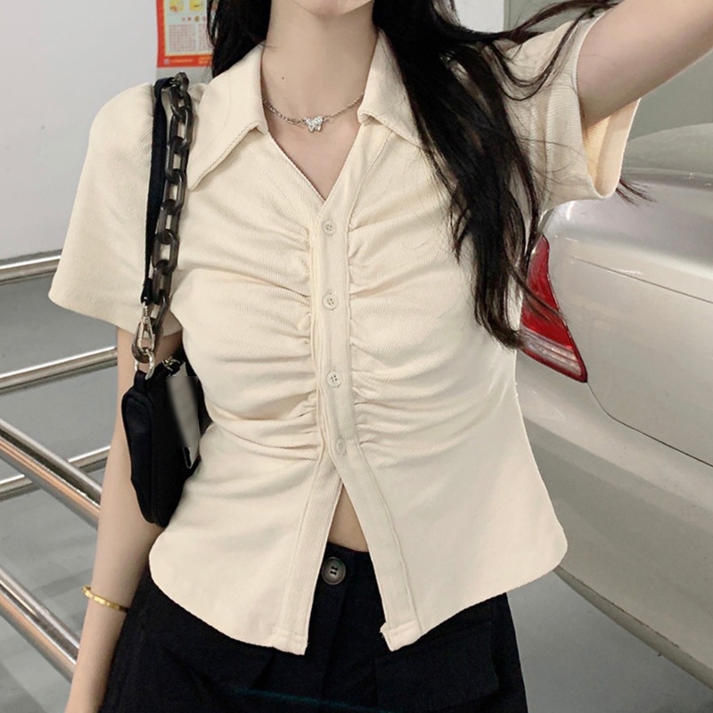 Áo Kiểu Tay Ngắn Cổ Chữ V Xếp Ly Dáng Ôm Phong Cách Pháp Thời Trang Mùa Hè Xinh Xắn Cho Nữ