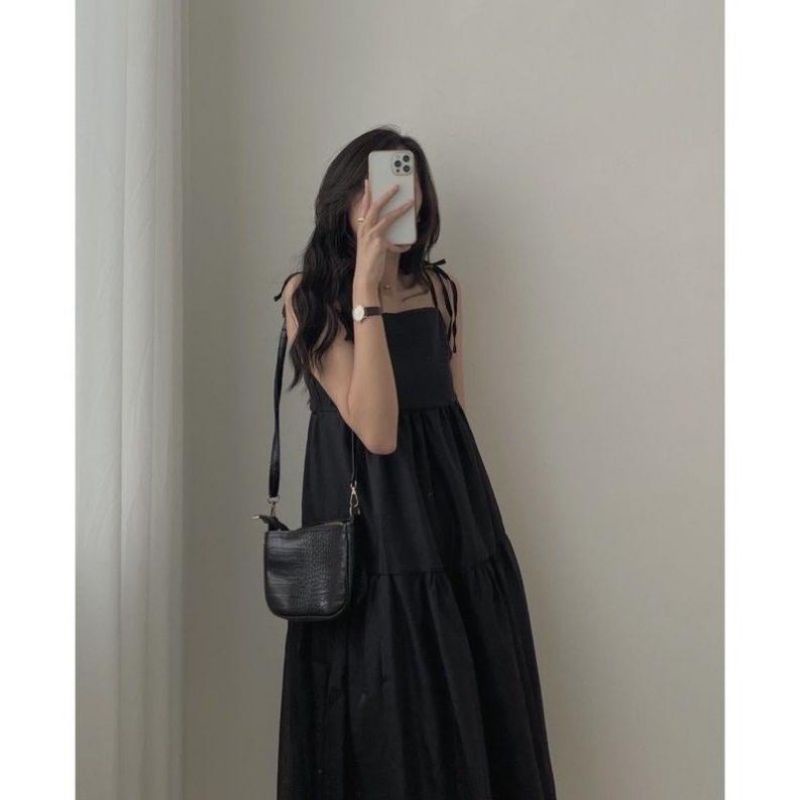Đầm váy hai dây voan tơ mềm mịn - váy nữ thiết kế dáng váy Maxi 2 dây buộc vai nơ xinh