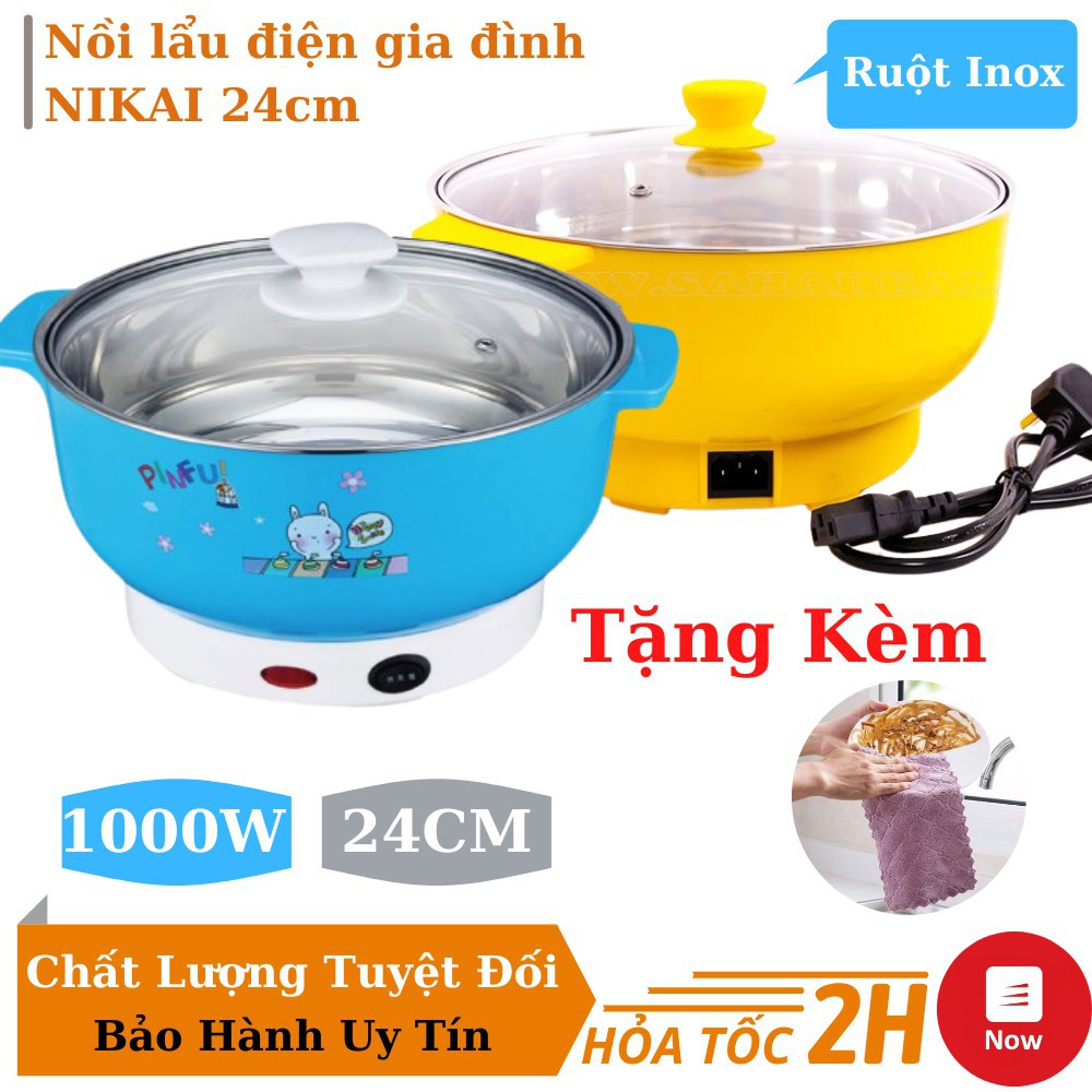 ⚡TẶNG KHĂN⚡ Nồi lẩu điện mini 24cm NIKAI công suất 1000W Inox 304 - Nồi Lẩu Đa Năng Gia Đình BẢO HÀNH 12 THÁNG