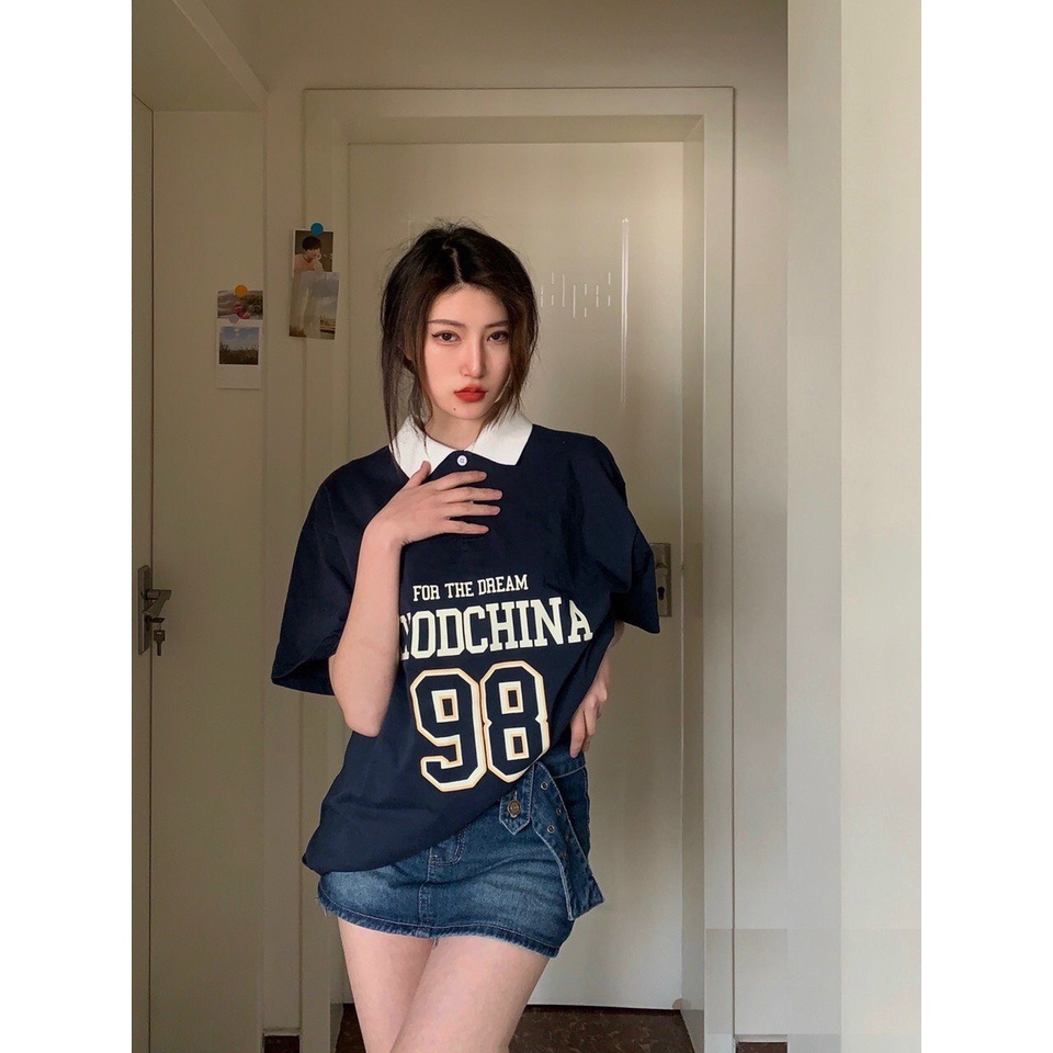 Áo polo form rộng unisex màu xanh than chất liệu thun tăm dày dặn và thoáng mát in chữ sắc net