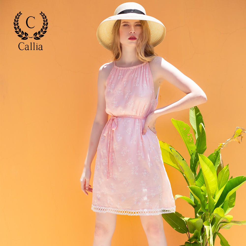 [Mã FASHIONMALLT4 giảm 15% đơn 150k] Đầm cổ yếm nữ Callia Cici thắt nơ eo (Hồng)