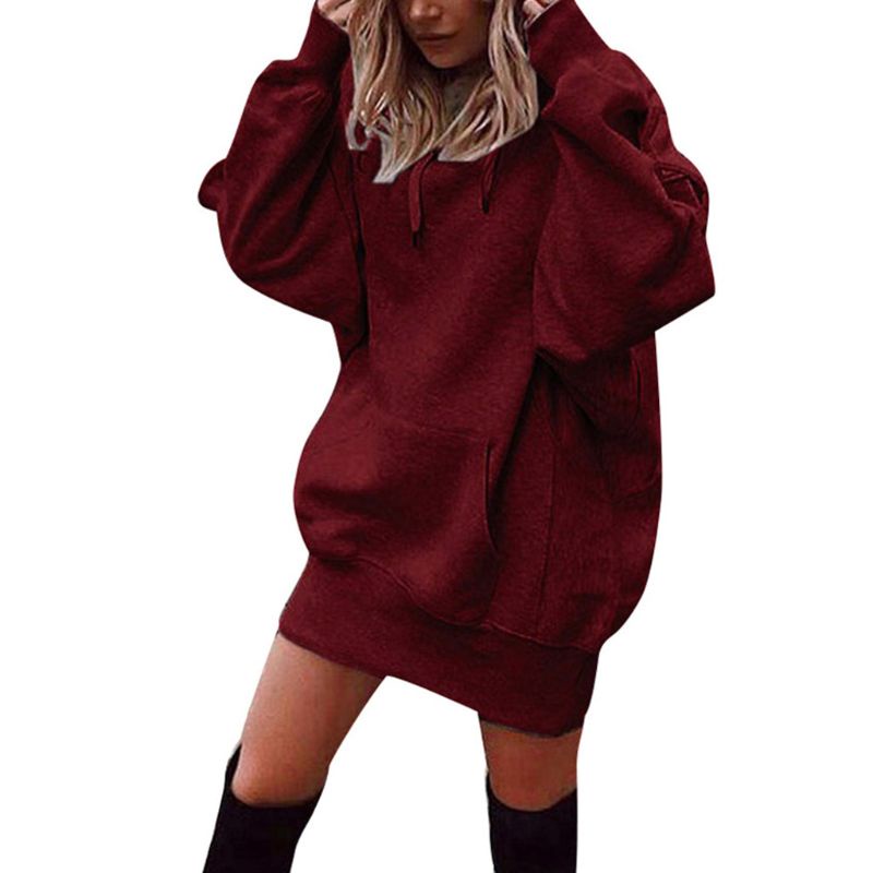 Xiangbao Đầm Hoodie Tay Dài Chui Đầu Dáng Rộng Màu Trơn Phối Dây Rút Ấm Áp Mùa Đông Cho Nữ