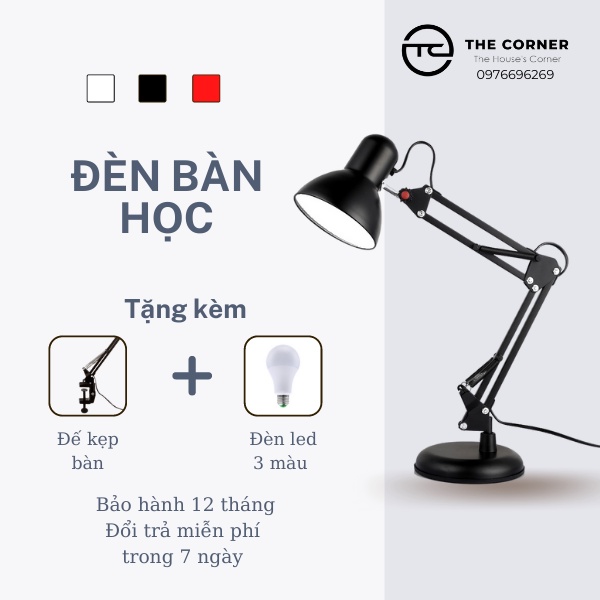 Đèn học để bàn làm việc Pixar, đèn kẹp bàn có đế tròn và kẹp, bóng LED 3 chế độ ánh sáng chống cận