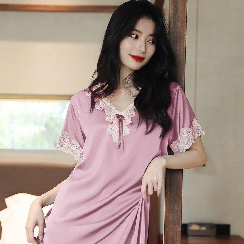Váy ngủ nữ ngắn tay mùa hè vải lụa tuyết, phối ren sexy VF