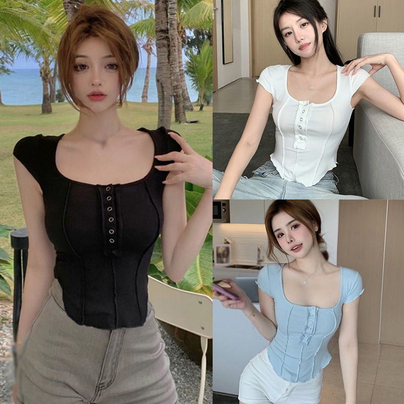 Áo Thun Tay Ngắn Cổ Chữ U Màu Sắc Trơn Phong Cách Hàn Quốc Thời Trang Cho Nữ