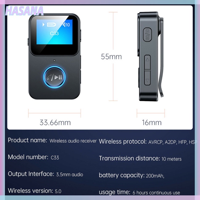 Thiết Bị Nhận Tín Hiệu Âm Thanh Bluetooth 5.0 Không Dây HASANA C33 Có Màn Hình 3.5mm