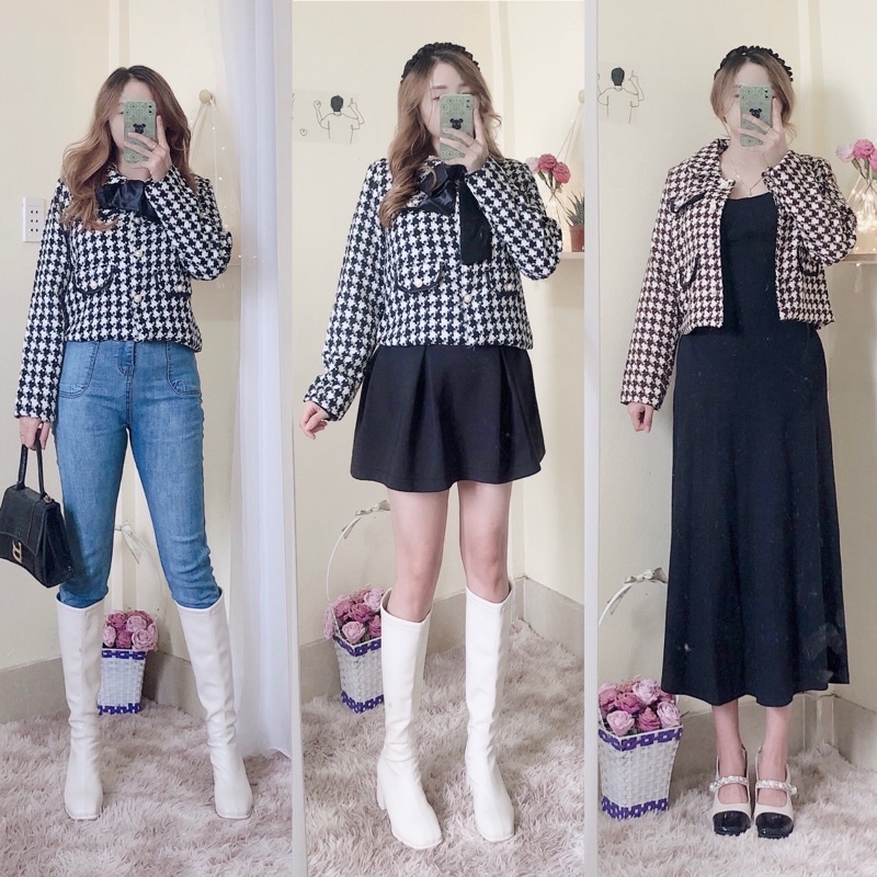[ Ảnh độc quyền] Áo Khoác Dạ Nữ Vải Tweed Dáng Ngắn Croptop Dài Tay Hoạ Tiết Kẻ Sọc Caro Răng Sói có độn vai kèm nơ