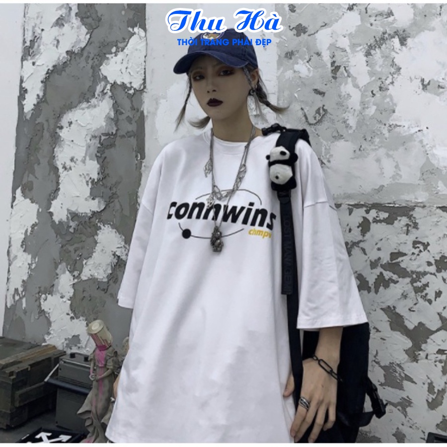 Áo phông unisex Thu Hà áo thun nam nữ form rộng tay lỡ, chất liệu bền mát in chữ Connwins