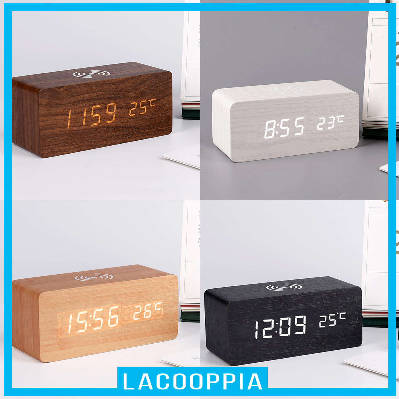 Digital Alarm Clock &amp; Wooden Electronic LED Time Display Temperature Detect