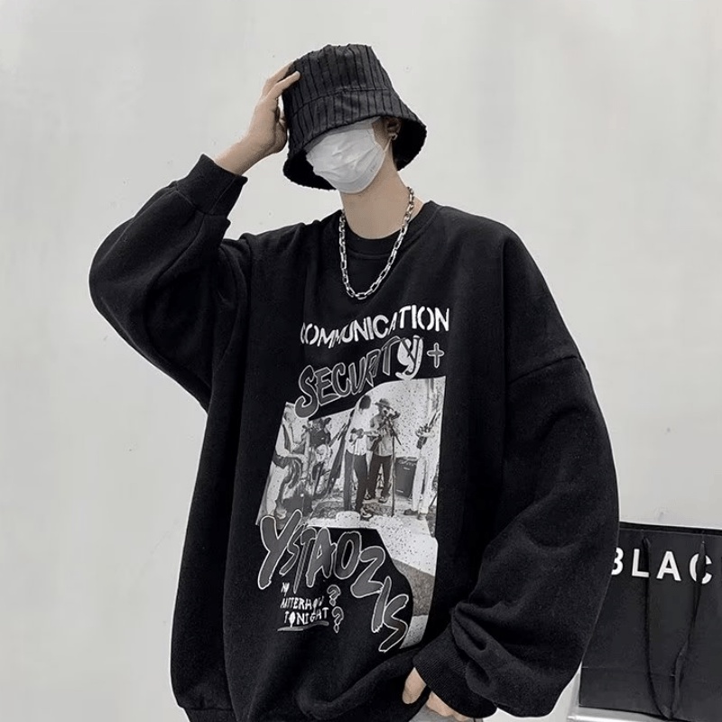 Áo Nỉ Dài Tay In Chữ Phong Cách Hiphop Đường Phố Hàn Quốc Cho Nam