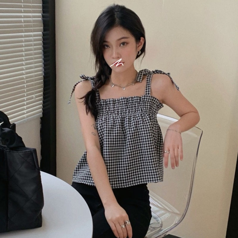 Áo Hai Dây Dáng Rộng Kẻ Sọc Caro Phong Cách Hàn Quốc Thời Trang Mùa Hè Hàng Mới 2022 Dành Cho Bạn Nữ