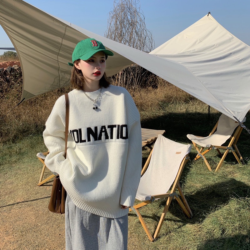 Áo sweater Pure Cube dệt kim cổ cao dáng rộng in chữ kiểu Hàn Quốc thời trang mùa đông mới cho nữ