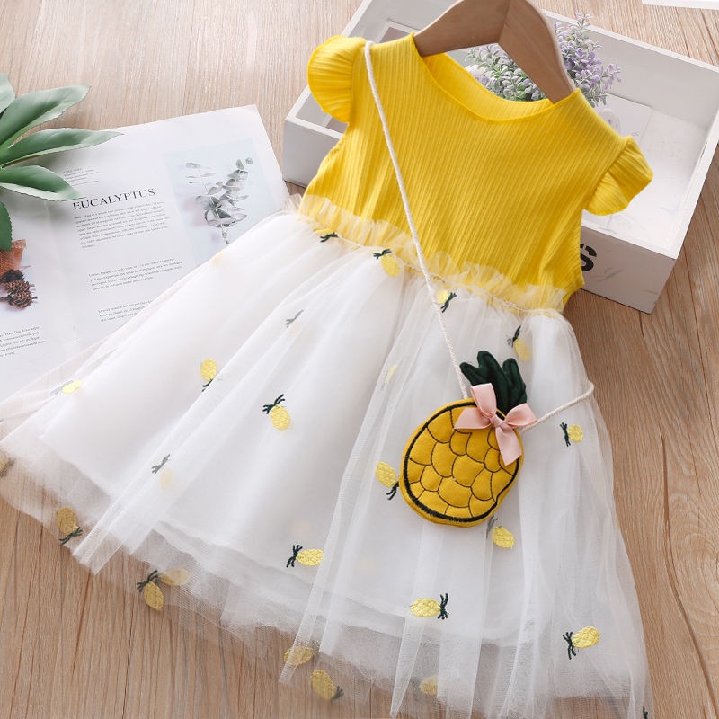 Đầm Công Chúa Tay Ngắn Phối Lưới In Hình Quả Dứa Dễ Thương Thời Trang Mùa Hè Cho Bé Gái 2021