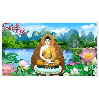 Tranh đá Đức Phật Thích Ca Mâu Ni tọa đại sen, đính đá toàn bộ (tranh đá tự đính)