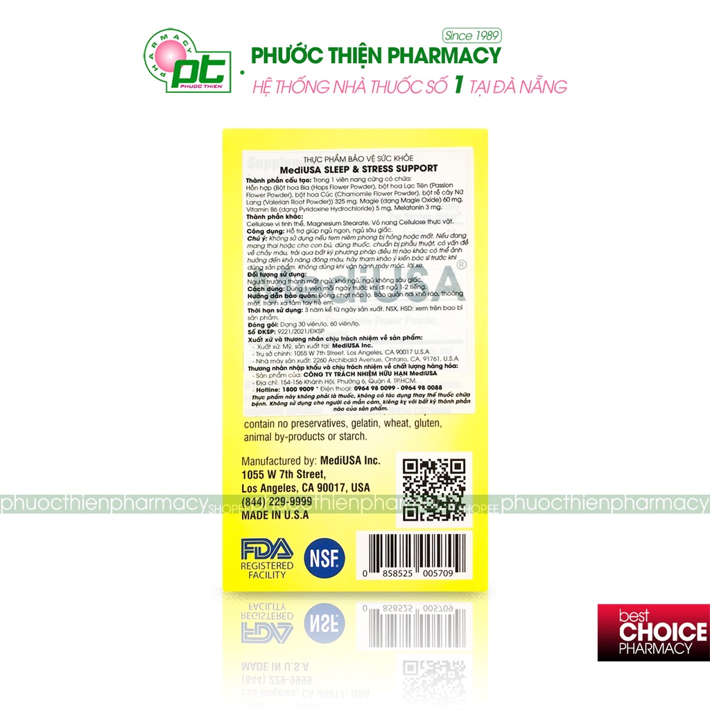 Viên uống giúp ngủ ngon và giảm lo âu, căng thẳng MediUSA Sleep & Stress Support Lọ 30 Viên