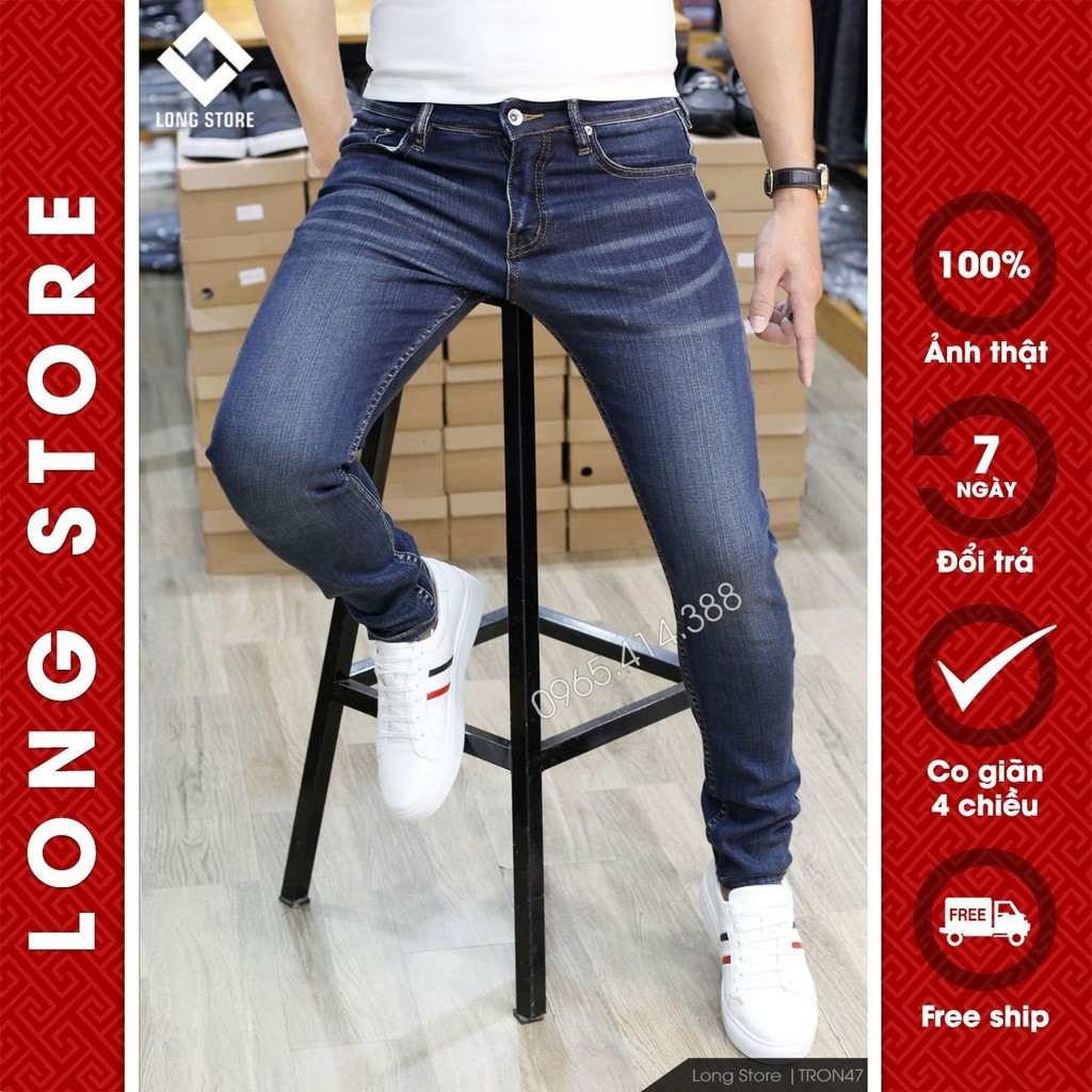 Quần jean nam trơn chất bò co giãn cao cấp màu xanh than bạc ống đứng dáng ôm skinny LONGSTORE Tron47