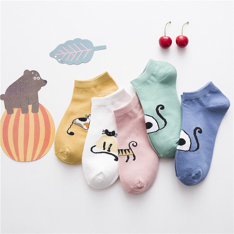 Combo 10 đôi Tất Vớ Siêu Xinh Tất Nữ Cổ Ngắn Họa Tiết Mèo Đáng Yêu