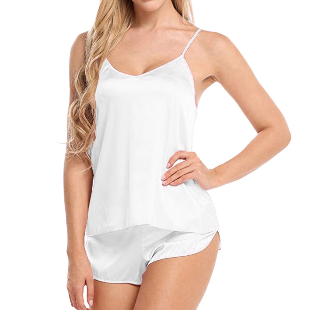 Bộ Đồ Ngủ Lụa Satin Sát Nách Cổ Chữ V Quyến Rũ Cho Nữ