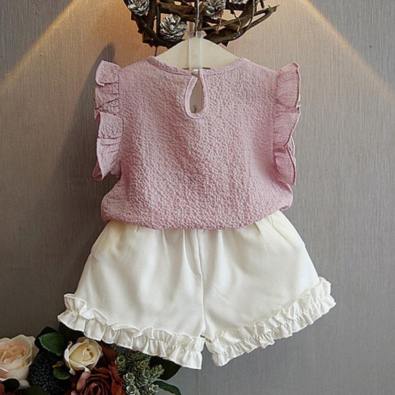 Summer Baby Girls Pearl Sleeveless Chiffon Vest Tops+Shorts Suits Casual Outfits Sets