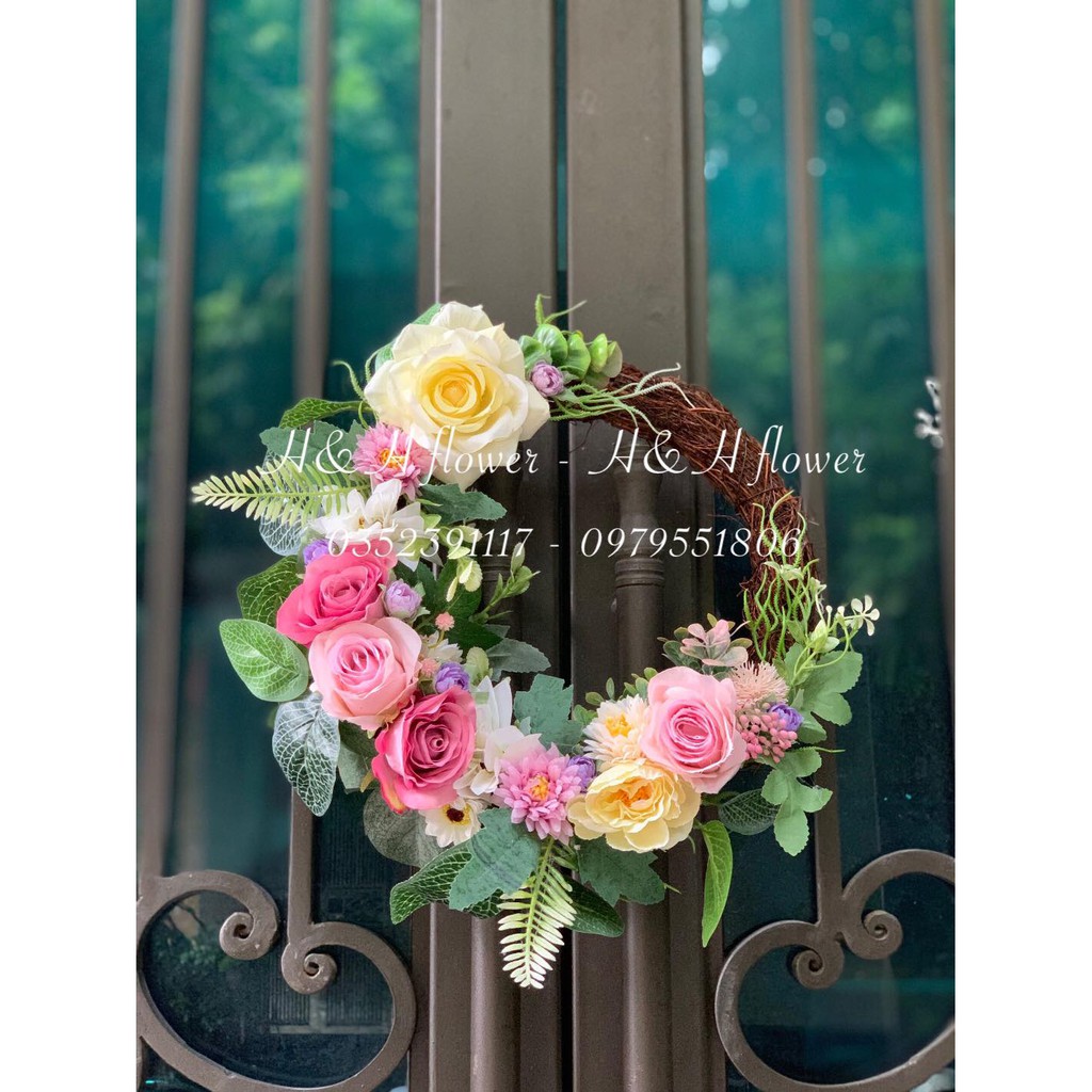 Vòng hoa nguyệt quế  , Hoa Lụa Cao Cấp ,  Decor Treo Tường , Hoa lụa Trang trí cửa