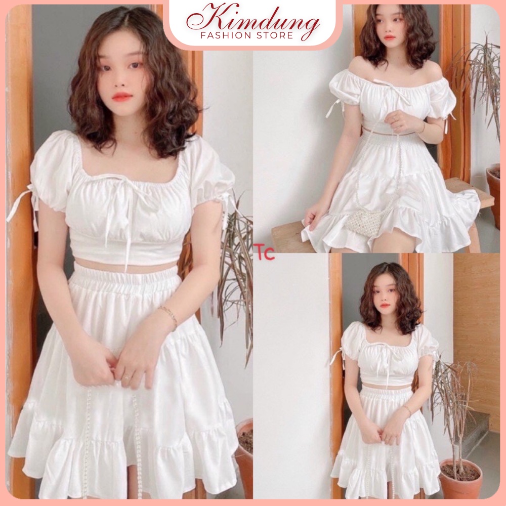 Sét Bộ Nữ Tiểu Thư Chân Váy Áo Croptop Viền Bèo Trễ Vai + Chân Váy Xòe Hai Lớp Siêu Xinh - KIM DUNG FASHION STORE