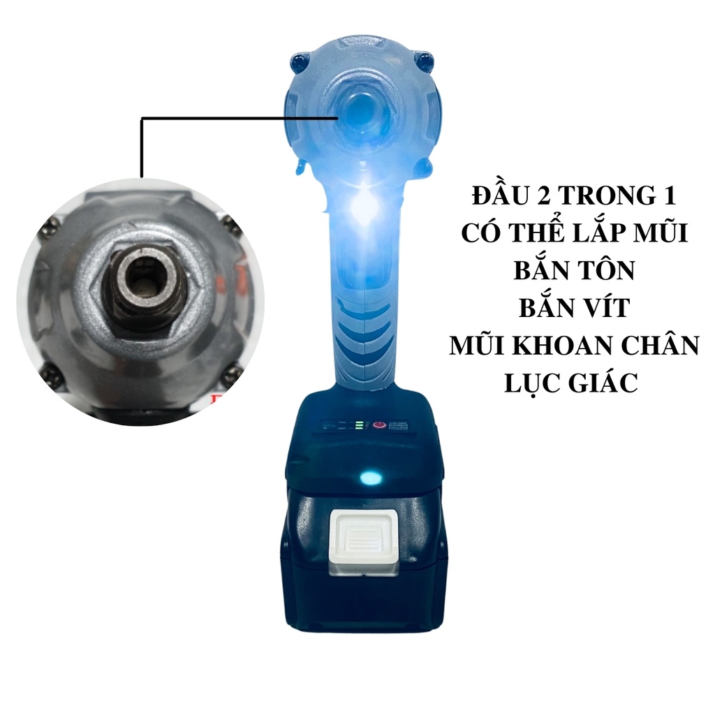 Máy siết bulong Hitachi 199VF - 2 PIN - Đầu 2 trong 1 - Máy bắn bulong KHÔNG CHỔI THAN - TẶNG Đầu chuyển vít, khẩu 22mm