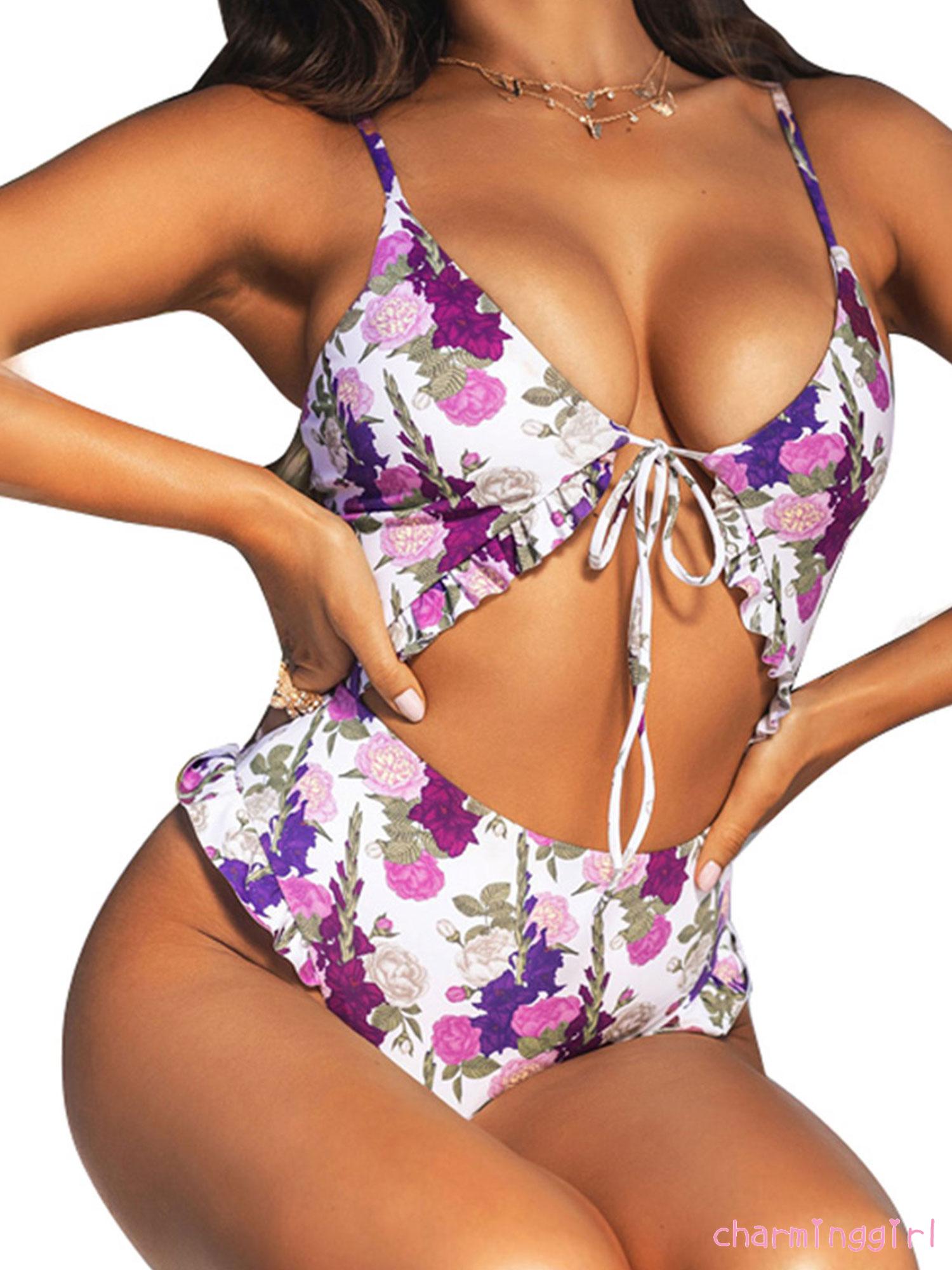 QAQ-Women´s Printed One-piece Swimsuit, Deep V-neck Front Lace-up Hollowed High Waistline Sling Swimwear