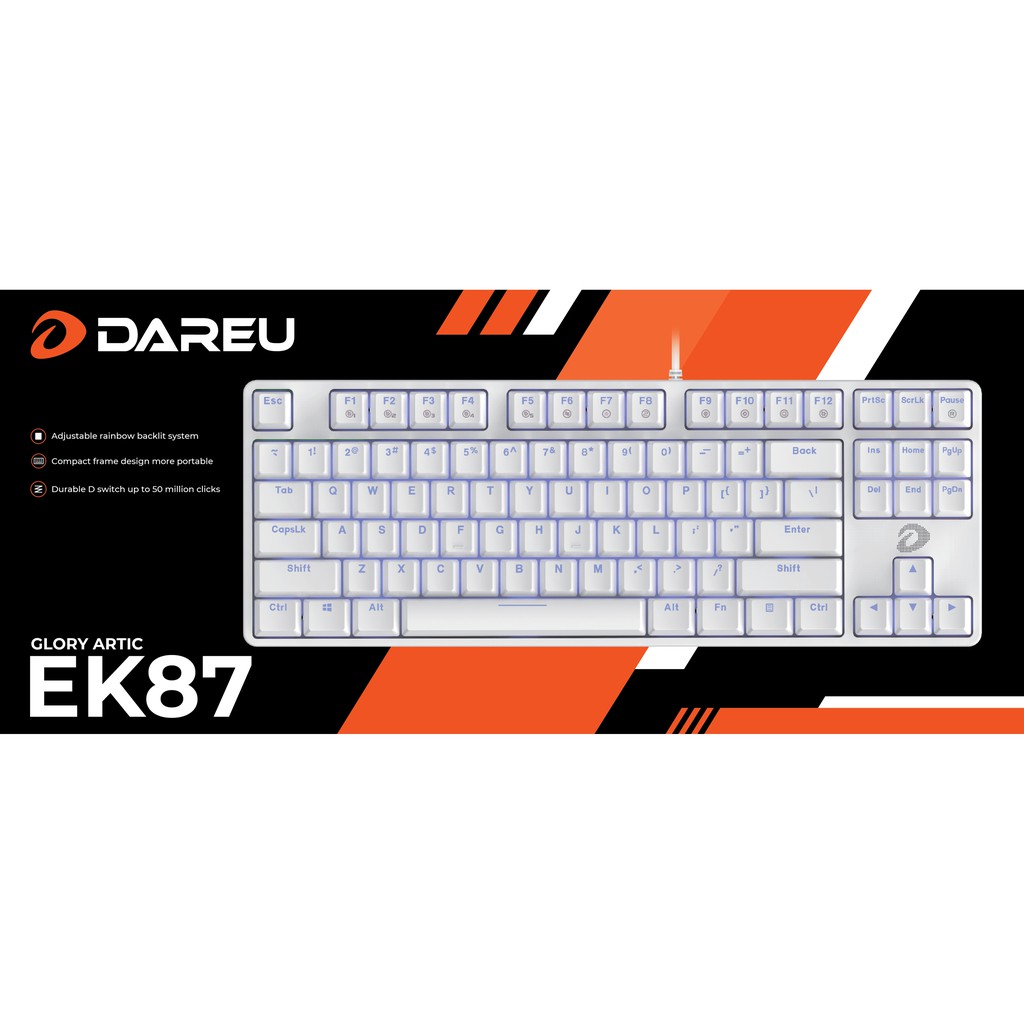 Bàn phím cơ Gaming DareU EK87 WHITE/ 87 KEYS/ Màu trắng/ ICE-BLUE LED (Blue/ Brown/ Red D switch) - BH 2 năm