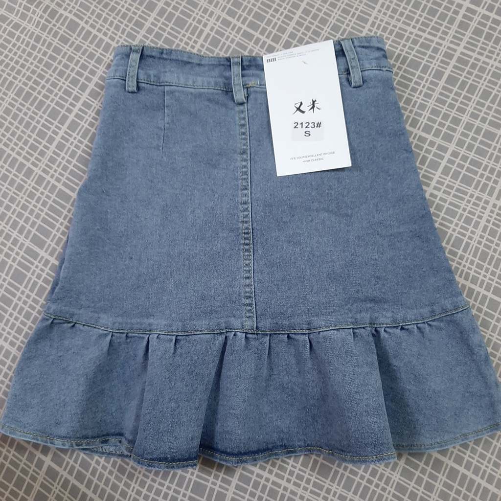 Chân váy bò jeans denim lưng cao phối đuôi cá bèo nhún phong cách cá tính