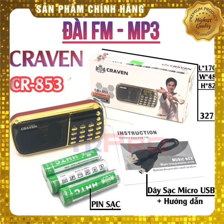 Loa Đài CRAVEN CR-853, 3 Pin Siêu Khỏe, Nghe Pháp Niệm Phật, Giúp Bé Học Tiếng Anh, Hỗ Trợ USB/Thẻ Nhớ/Đài FM