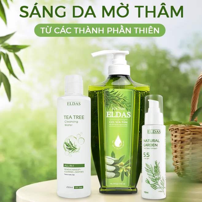 Combo Sữa Tắm Mụn Lưng Eldas &amp; Sữa Rửa Mặt Dịu Nhẹ &amp; Nước Tẩy Trang Tinh Chất Tràm Trà 550ml/chai, 100ml/chai,250ml/chai