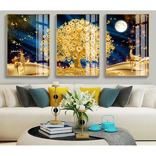 Bộ 3 tranh ghép treo tường HD Hươu tài lộc và cây tiền vàng H122_11291920 KT 30 x 45 cm x 3 bức